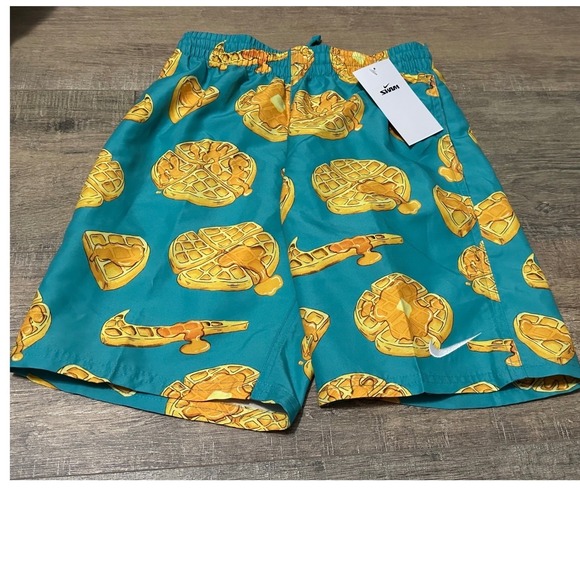 Nike Other - Nike Kids Swim Trunk Teal Waffle Print Drawstring Sz Small  NWT
